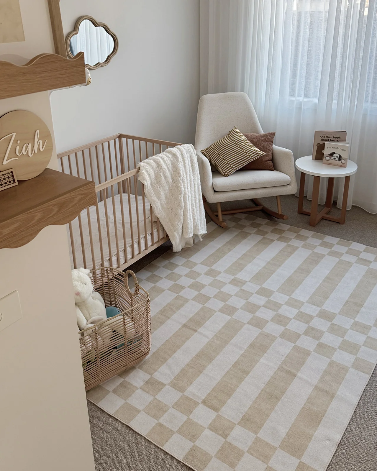 Anette Light Brown and White Checkered and Striped Washable Rug - Image 2
