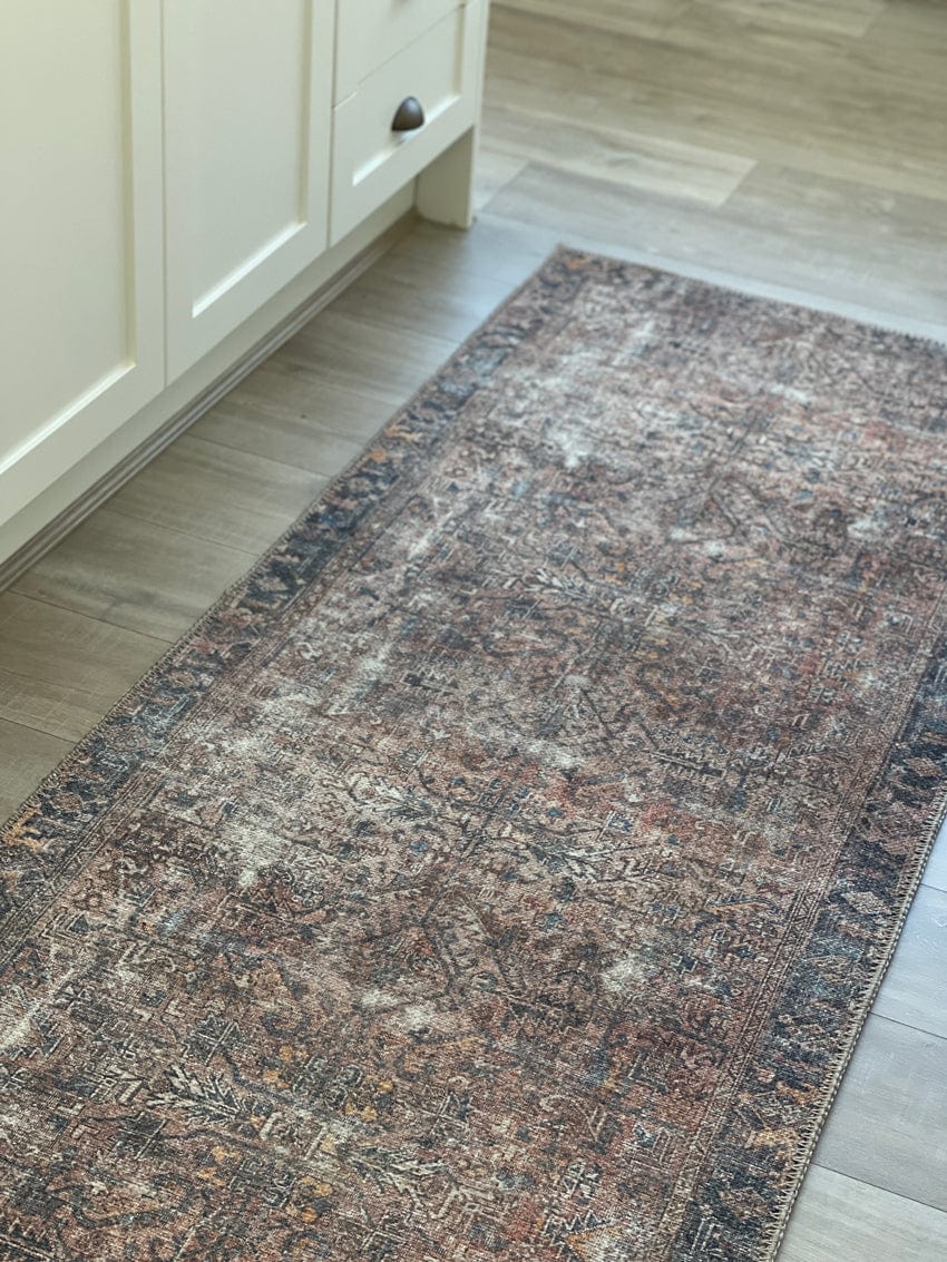 Anyel Brown and Blue Traditional Distressed Washable Runner Rug - Image 3
