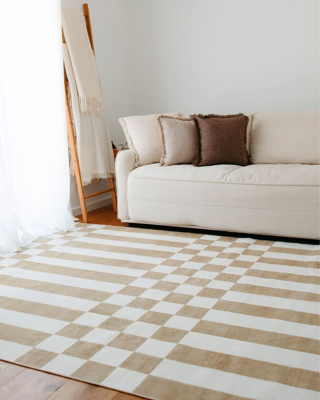 Batini Brown and White Checkered and Striped Washable Rug - Image 2