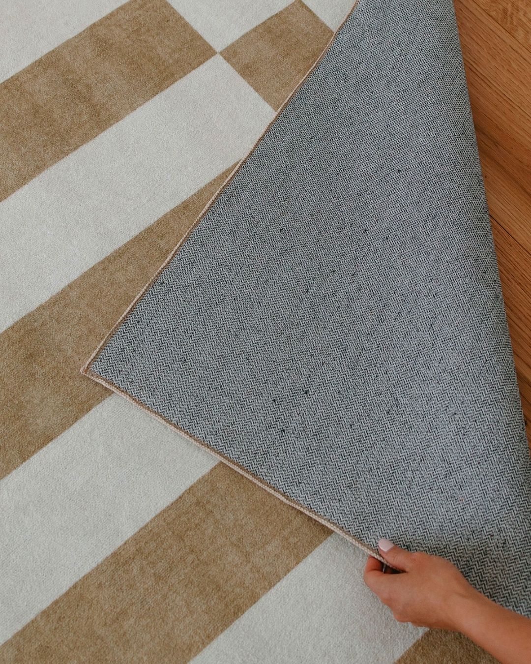 Batini Brown and White Checkered and Striped Washable Rug - Image 6