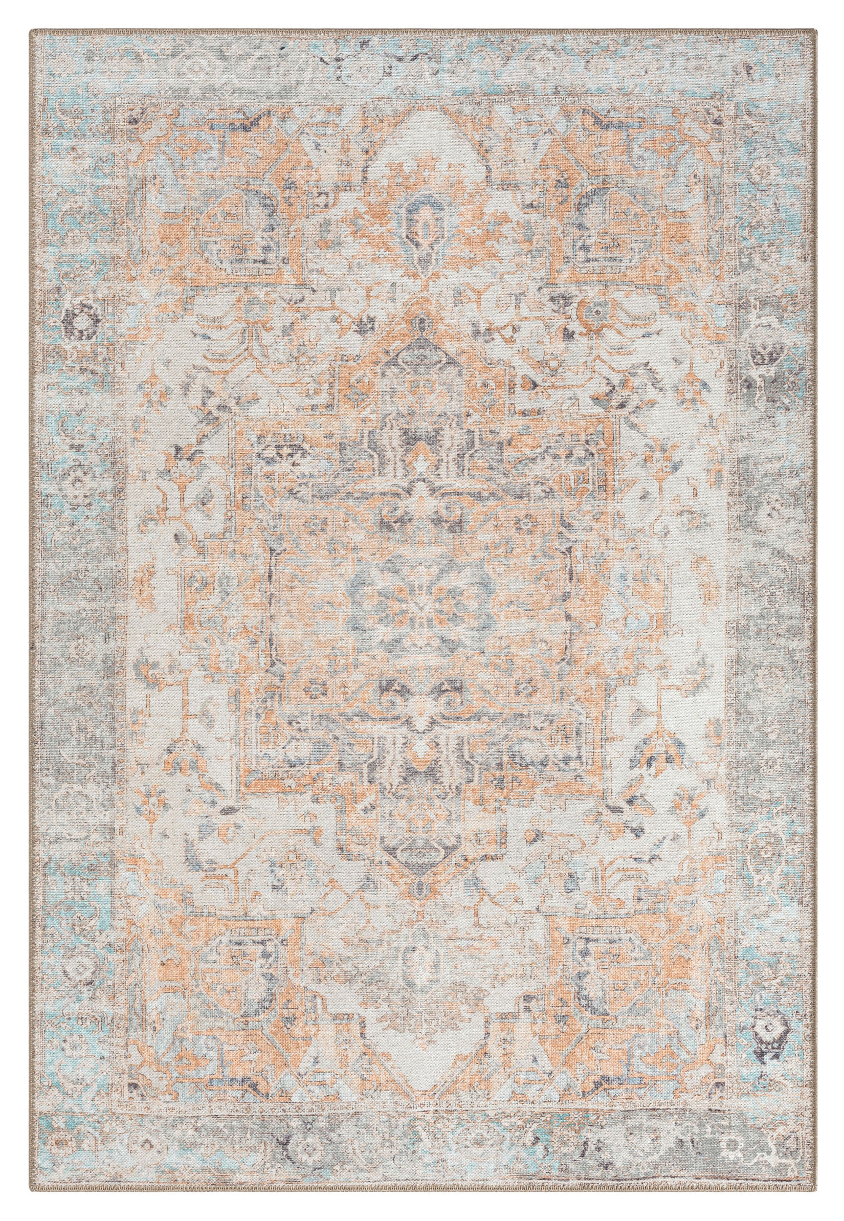 Ceren Orange and Blue Traditional Distressed Washable Rug