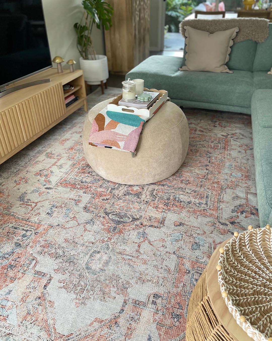 Ceren Orange and Blue Traditional Distressed Washable Rug - Image 2