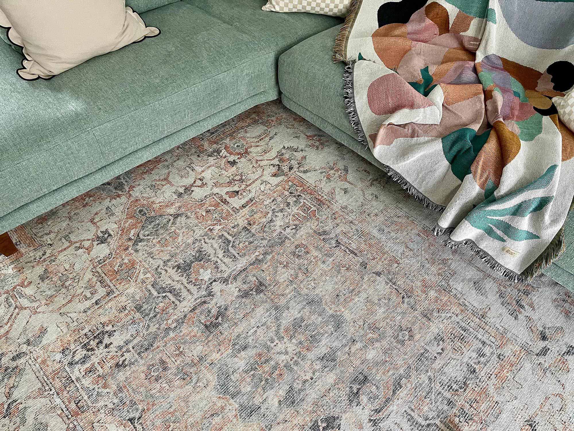 Ceren Orange and Blue Traditional Distressed Washable Rug - Image 4