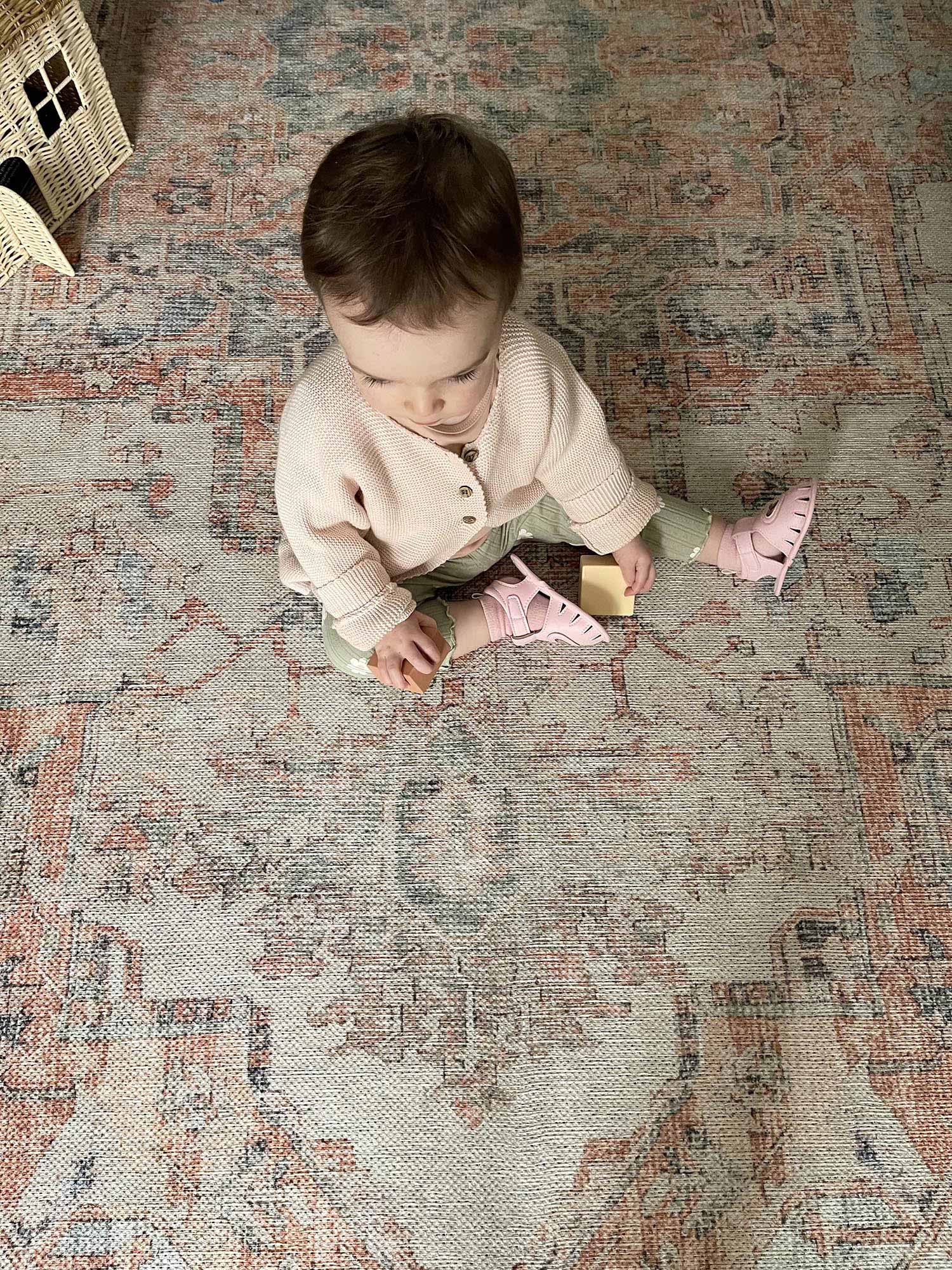 Ceren Orange and Blue Traditional Distressed Washable Rug - Image 6