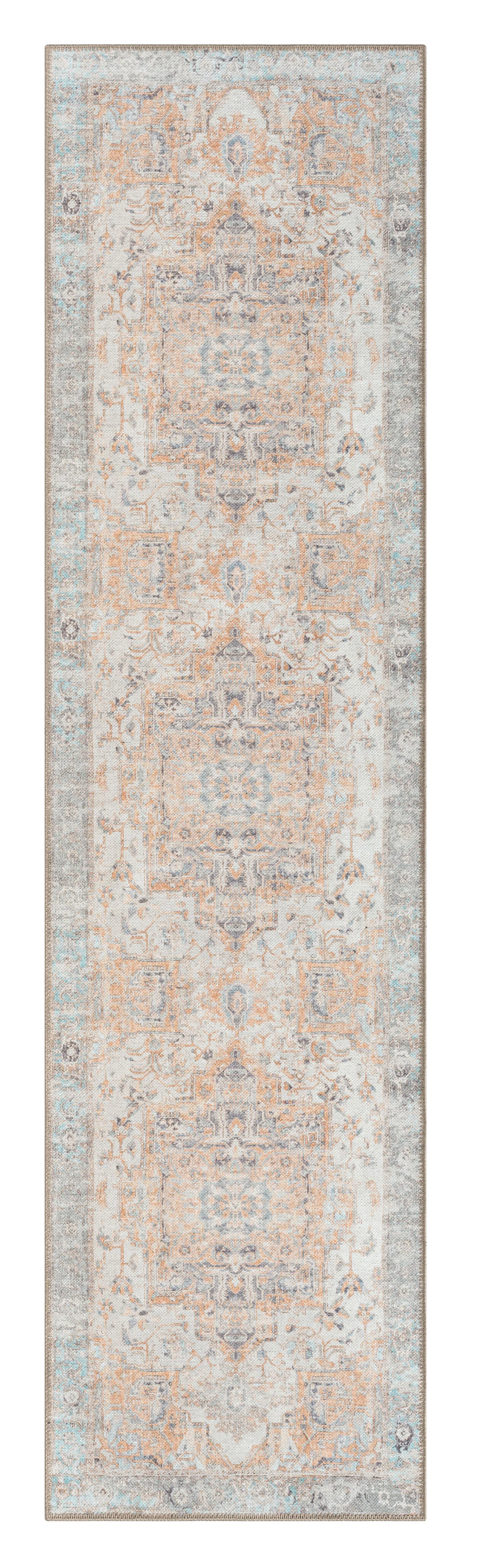 Ceren Orange and Blue Traditional Distressed Washable Runner Rug
