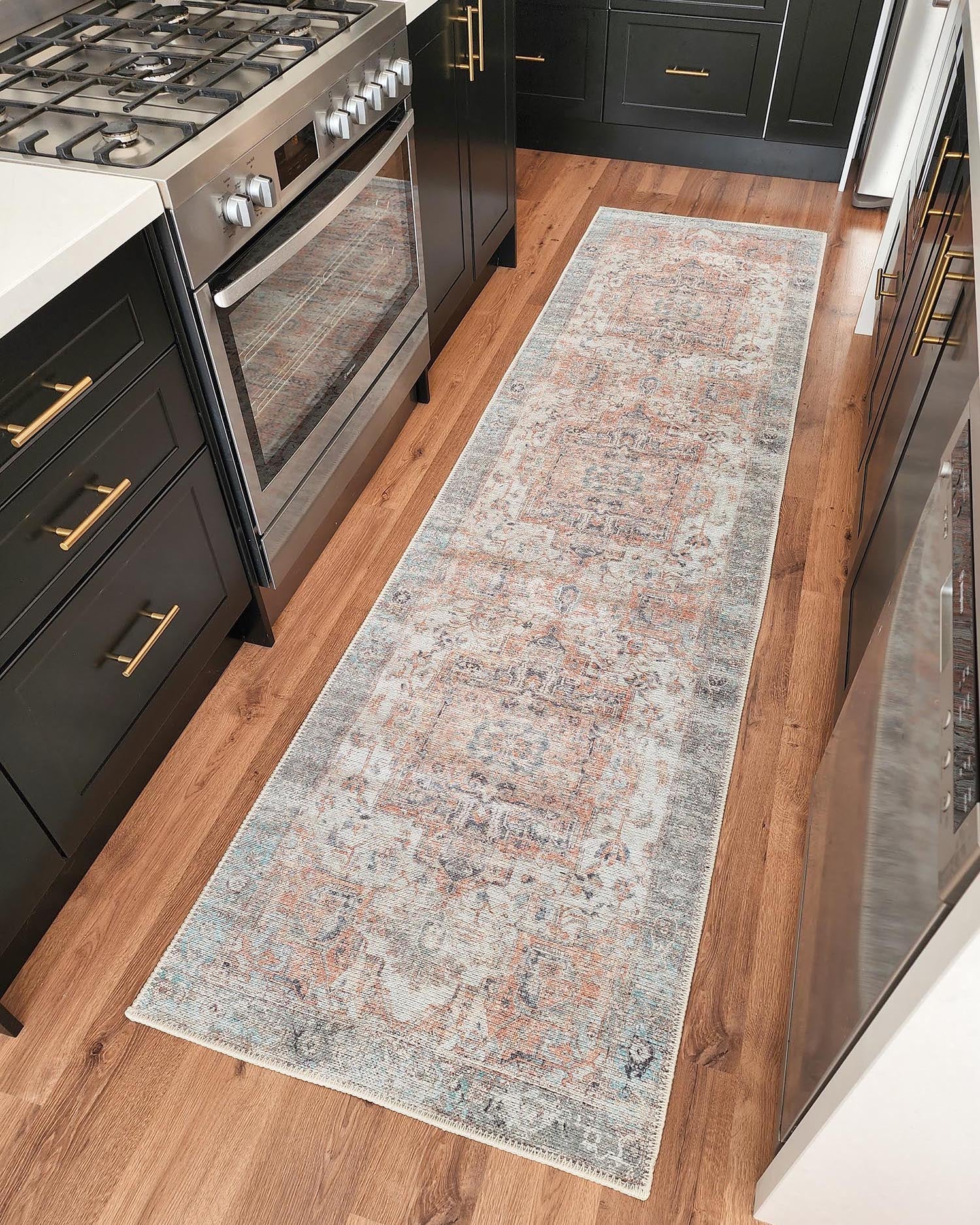 Ceren Orange and Blue Traditional Distressed Washable Runner Rug - Image 2