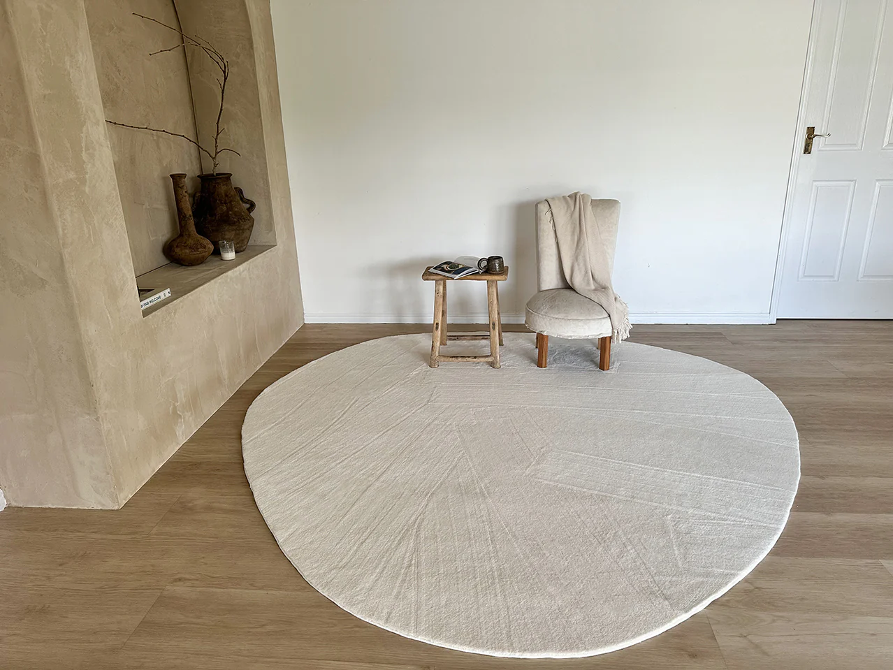 Clara Neutral Cream Irregular Round Washable Rug - Image 3
