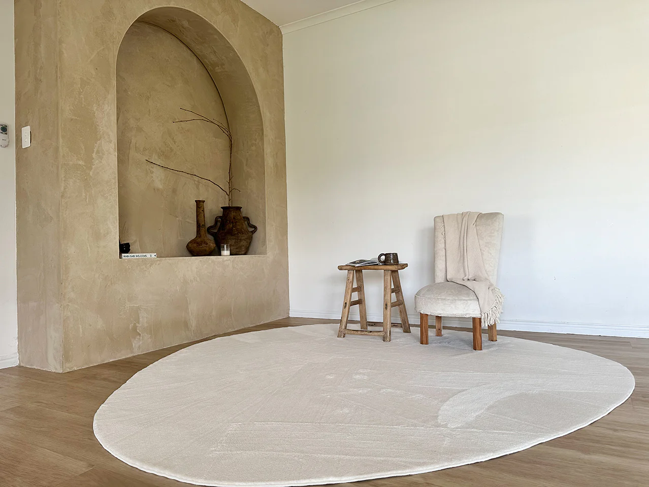 Clara Neutral Cream Irregular Round Washable Rug - Image 5