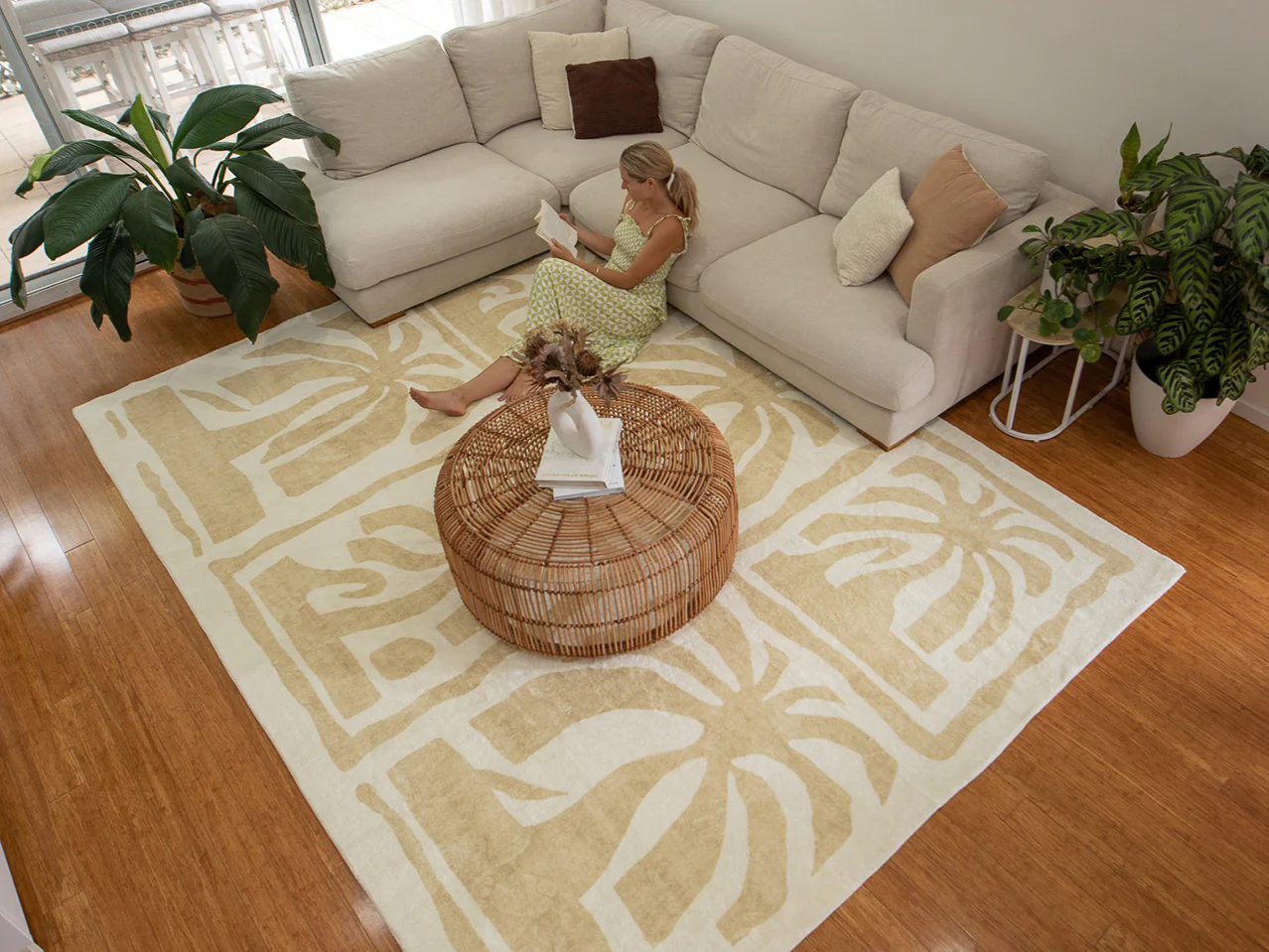 Edna Beige Cream Waves and Palms Washable Rug - Image 7