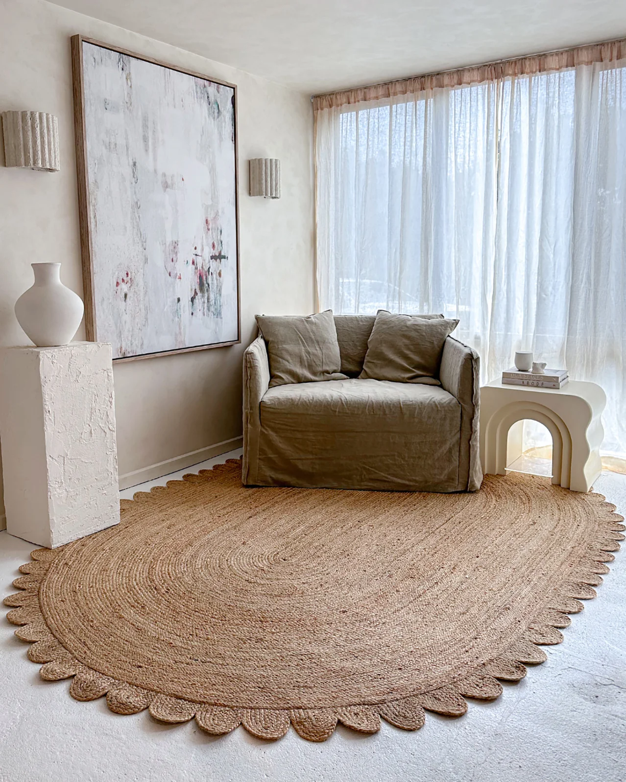Ejiya Natural Brown Scalloped Jute Oval Rug - Image 3