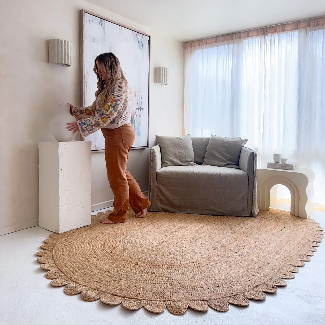 Ejiya Natural Brown Scalloped Jute Oval Rug - Image 5