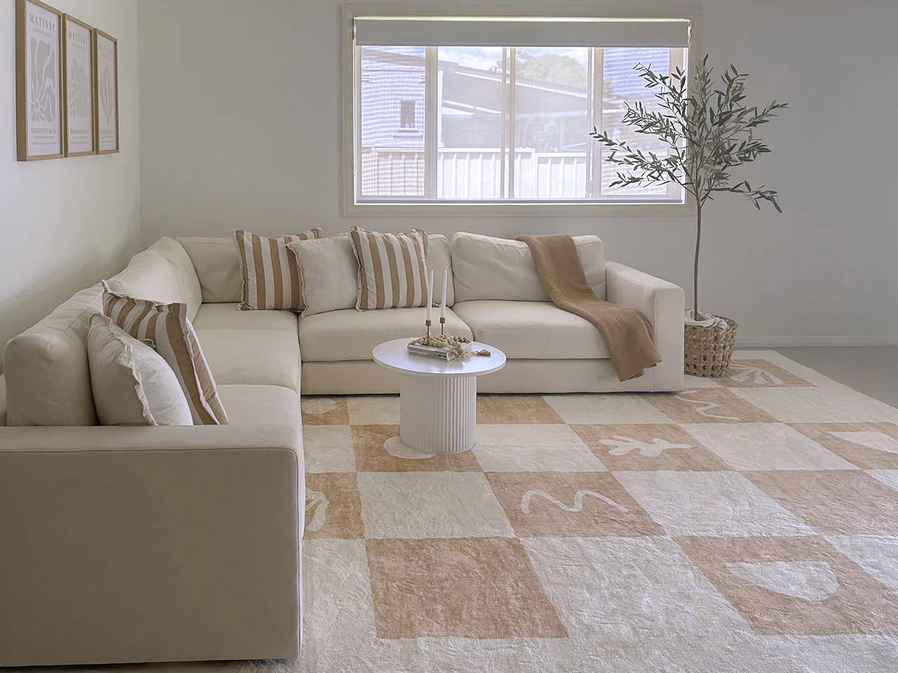 Erika Beige and Cream Checkered Washable Rug - Image 3
