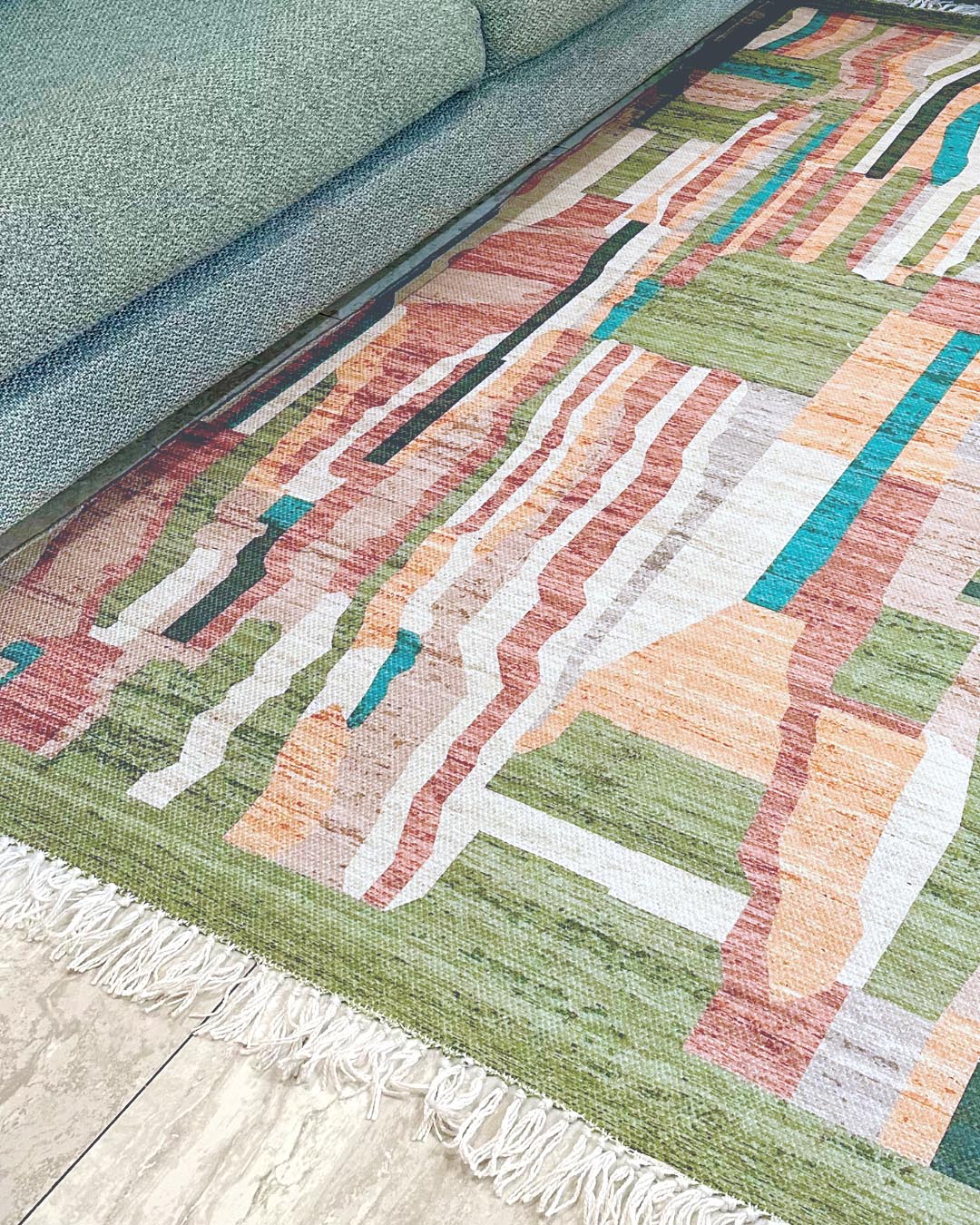 Fern Green and Orange Multi-Colour Abstract Tribal Indoor Outdoor Rug - Image 10