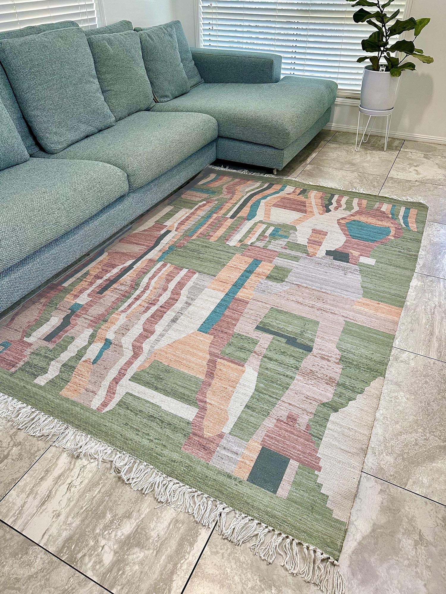 Fern Green and Orange Multi-Colour Abstract Tribal Indoor Outdoor Rug - Image 11