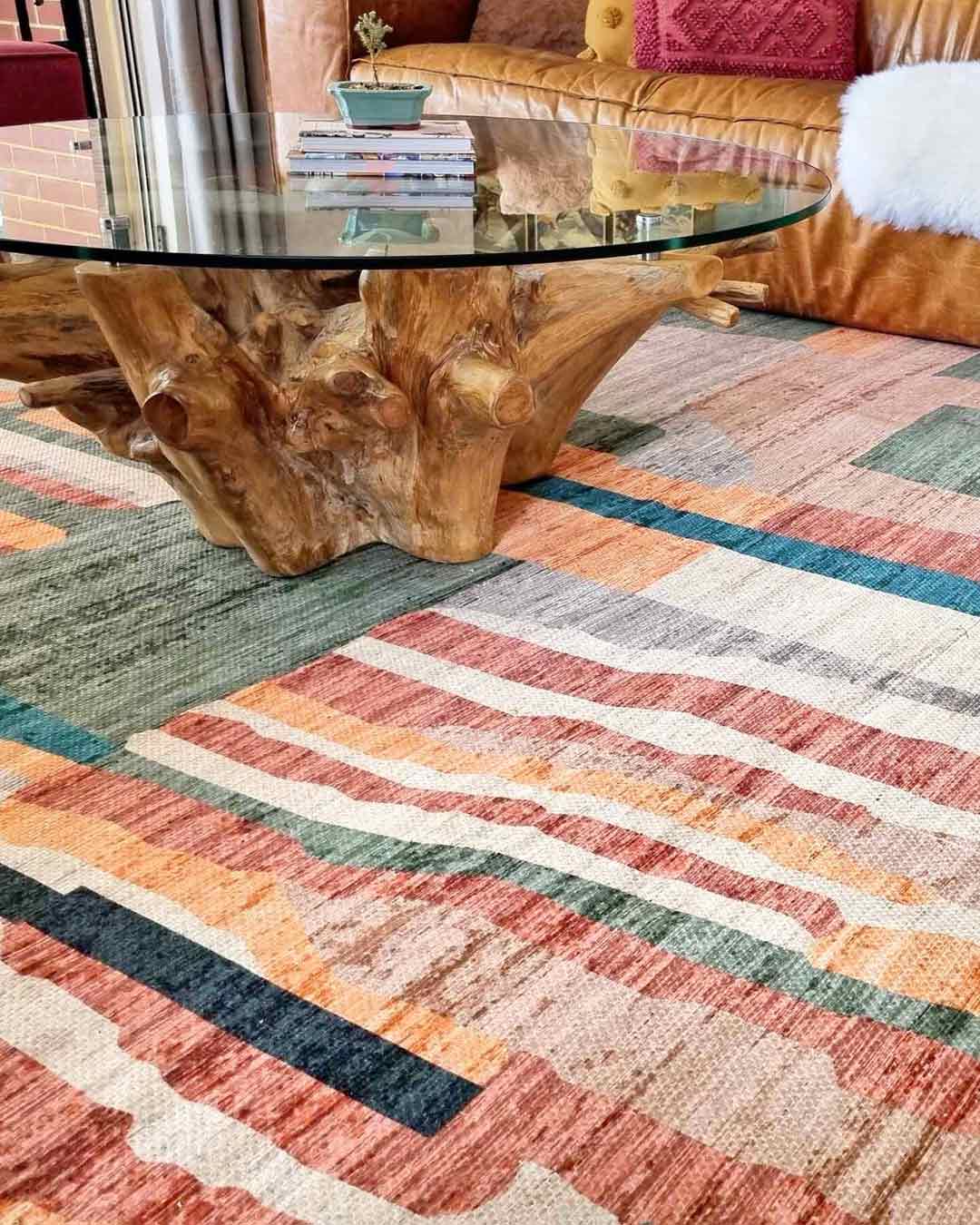 Fern Green and Orange Multi-Colour Abstract Tribal Indoor Outdoor Rug - Image 5