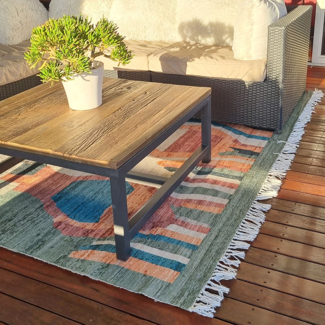 Fern Green and Orange Multi-Colour Abstract Tribal Indoor Outdoor Rug - Image 6