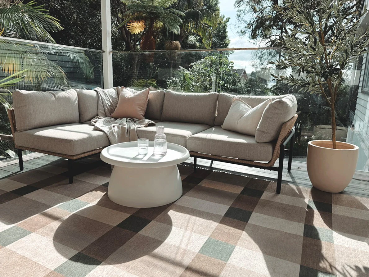 Forio Beige Ivory and Olive Green Checkered Indoor Outdoor Rug - Image 3