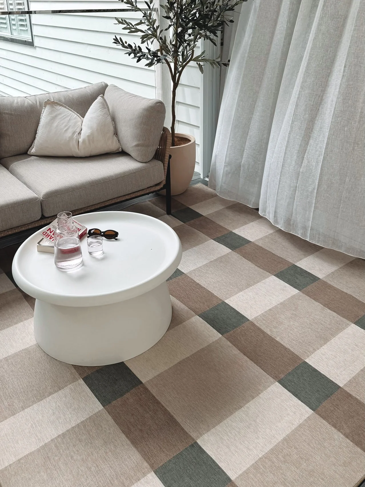 Forio Beige Ivory and Olive Green Checkered Indoor Outdoor Rug - Image 4