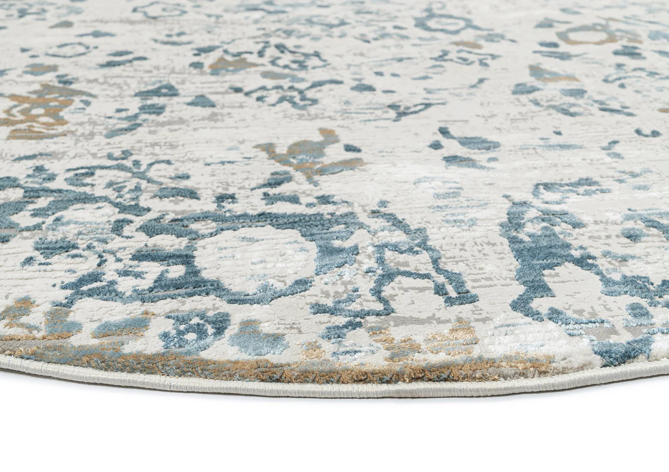 Iris Blue Grey and Beige Distressed Floral Round Rug - Image 7
