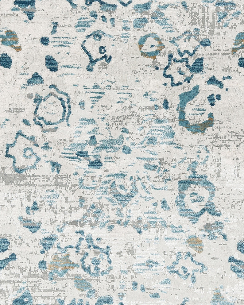 Iris Blue Grey and Beige Distressed Floral Round Rug - Image 9
