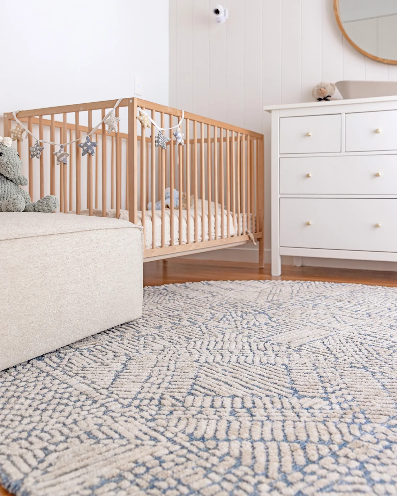 Karmen Blue and Ivory Geometric Patterned Round Rug - Image 4