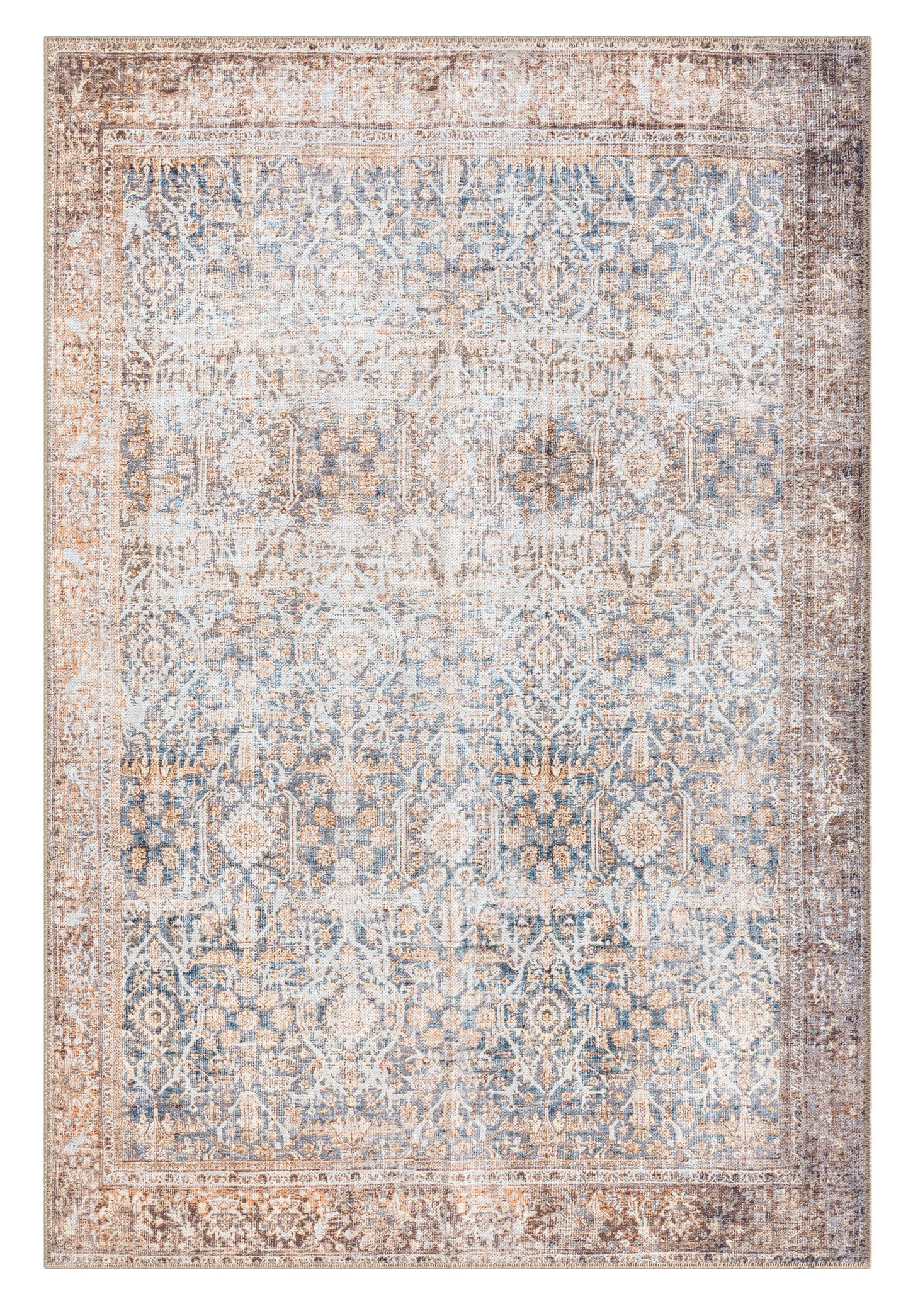 Krisna Brown and BlueTraditional Distressed Washable Rug