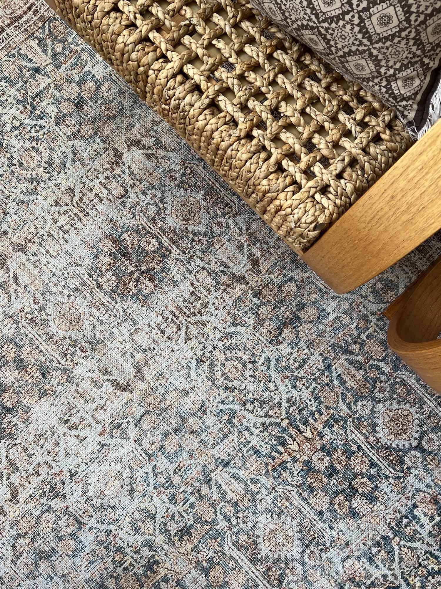 Krisna Brown and BlueTraditional Distressed Washable Rug - Image 3