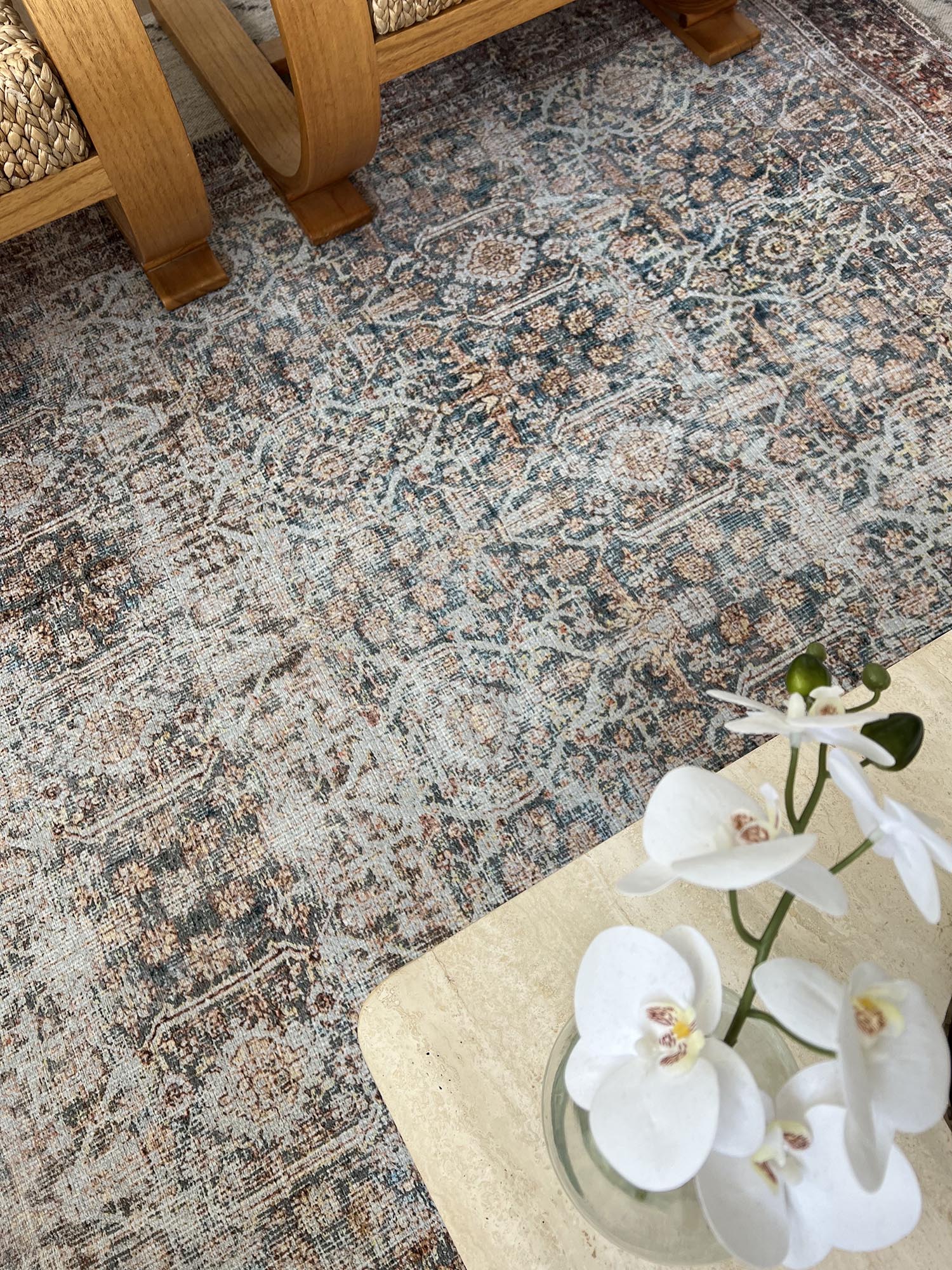 Krisna Brown and BlueTraditional Distressed Washable Rug - Image 4