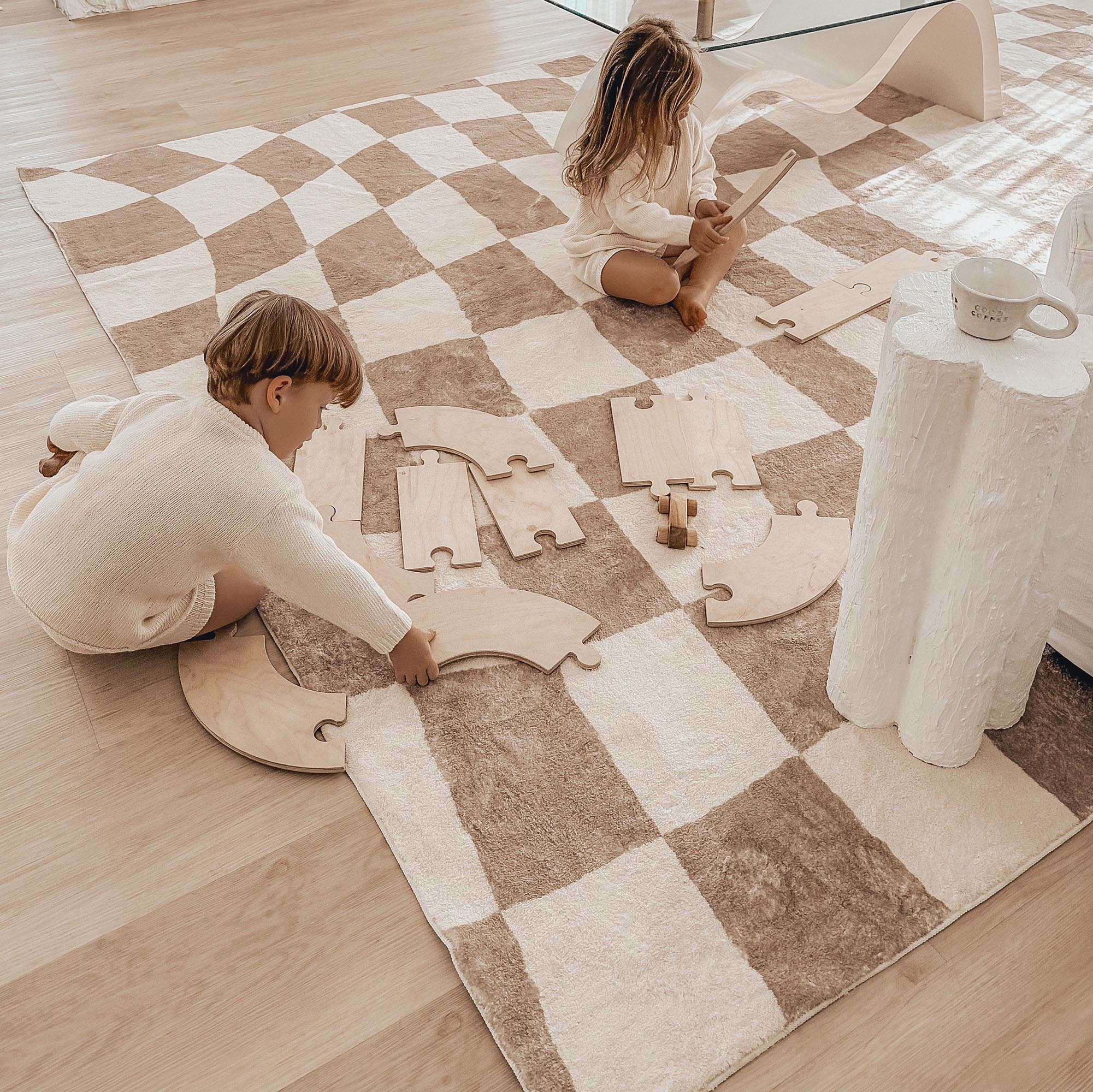 Logan Beige and Ivory Abstract Checkered Washable Rug - Image 7