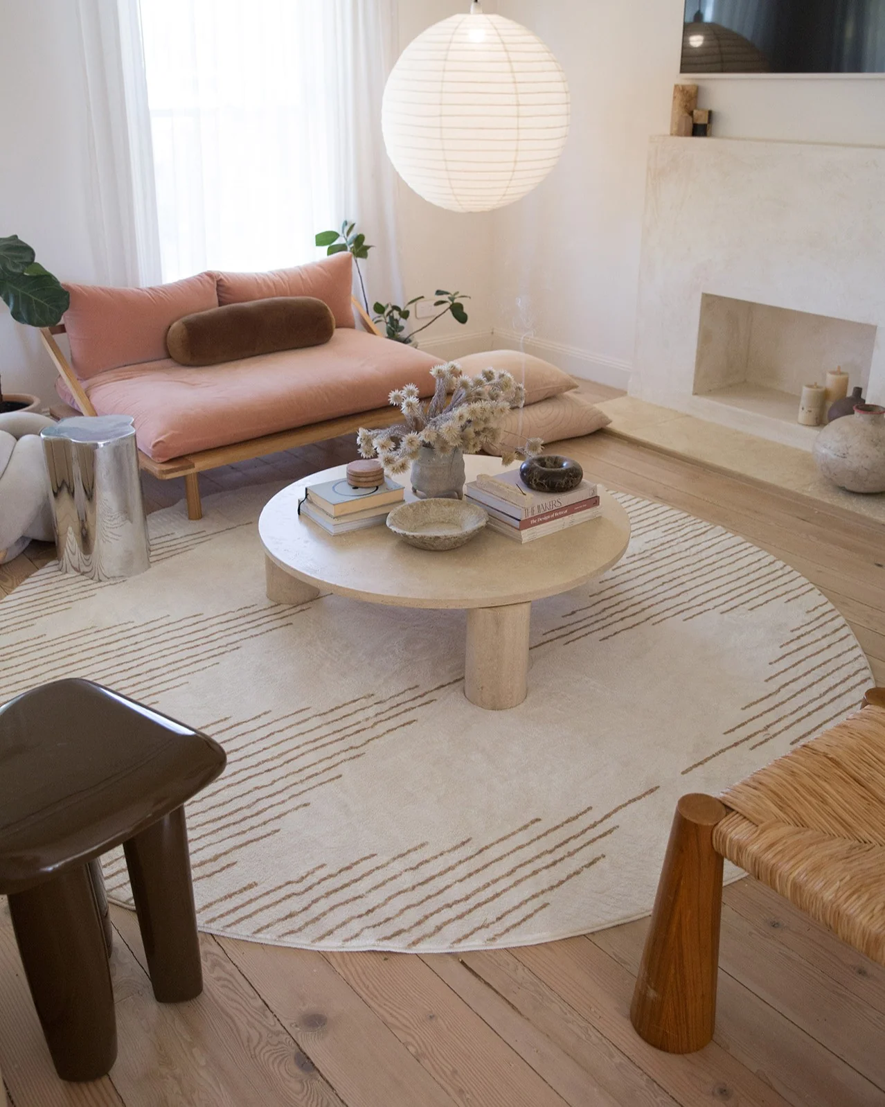 Lyra Ivory and Brown Diamond Stripe Washable Round Rug - Image 2