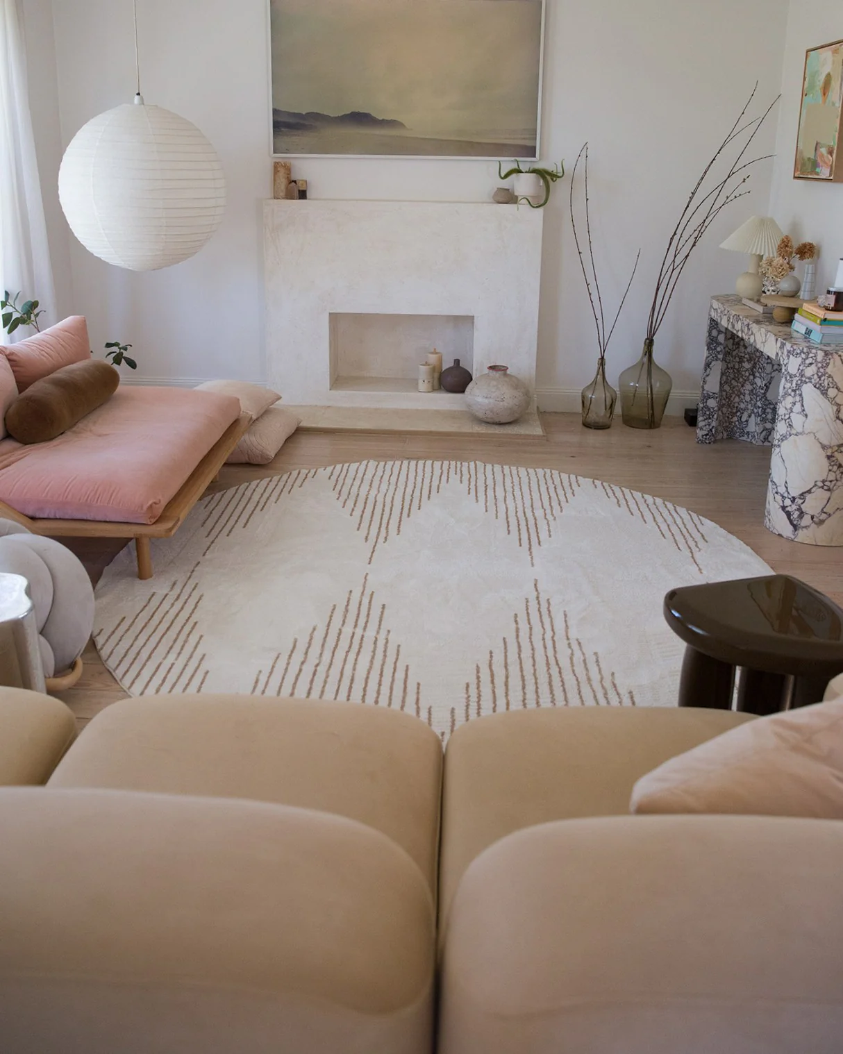 Lyra Ivory and Brown Diamond Stripe Washable Round Rug - Image 5