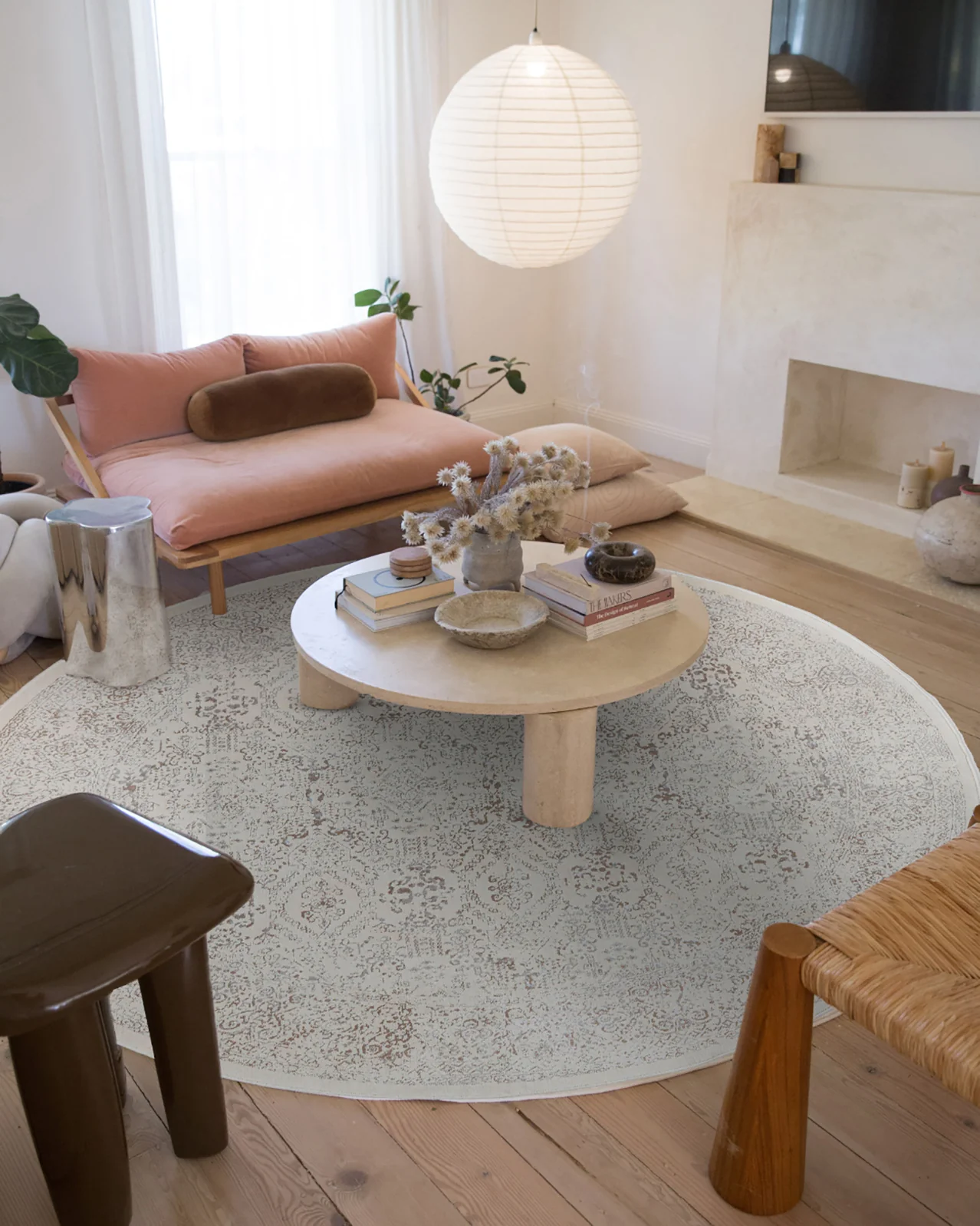 Madison Ivory And Grey Traditional Distressed Round Rug - Image 2