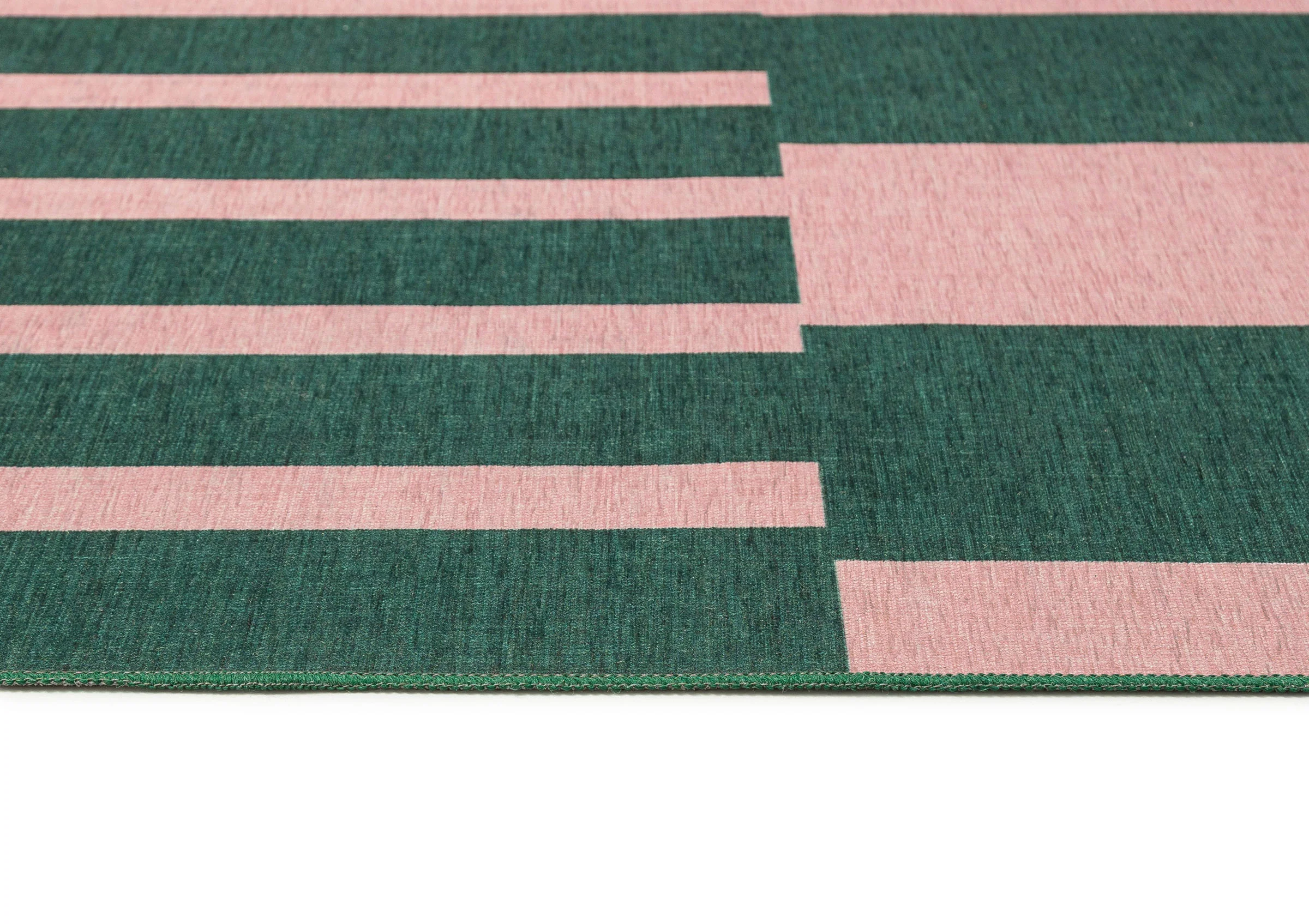Marilyn Deep Forest Green and Blush Pink Striped Indoor Outdoor Rug - Image 10