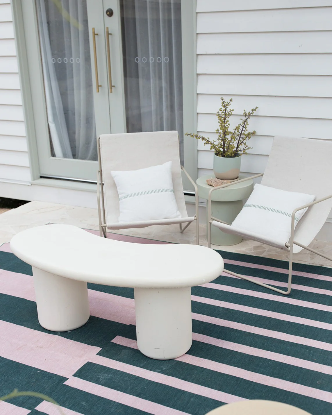 Marilyn Deep Forest Green and Blush Pink Striped Indoor Outdoor Rug - Image 2