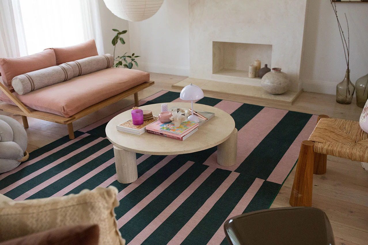 Marilyn Deep Forest Green and Blush Pink Striped Indoor Outdoor Rug - Image 3