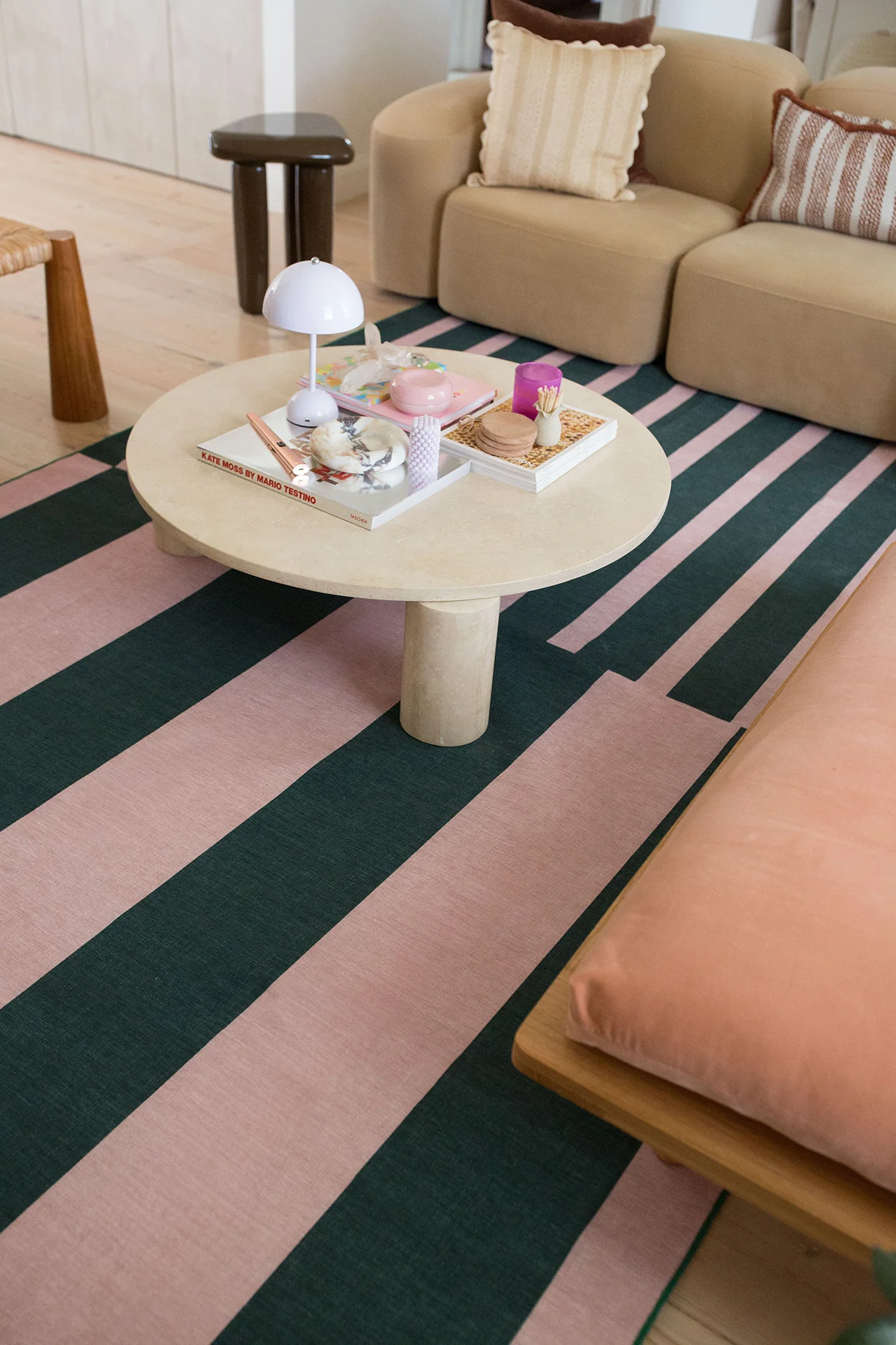 Marilyn Deep Forest Green and Blush Pink Striped Indoor Outdoor Rug - Image 4