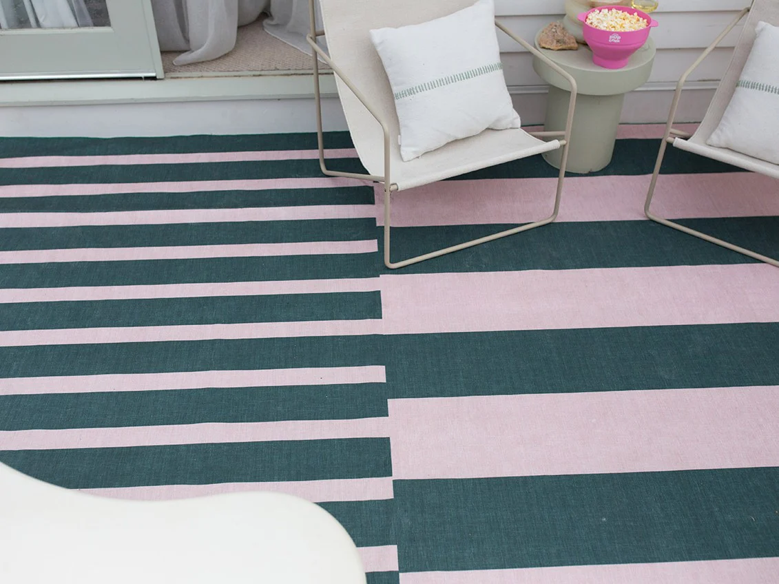 Marilyn Deep Forest Green and Blush Pink Striped Indoor Outdoor Rug - Image 5
