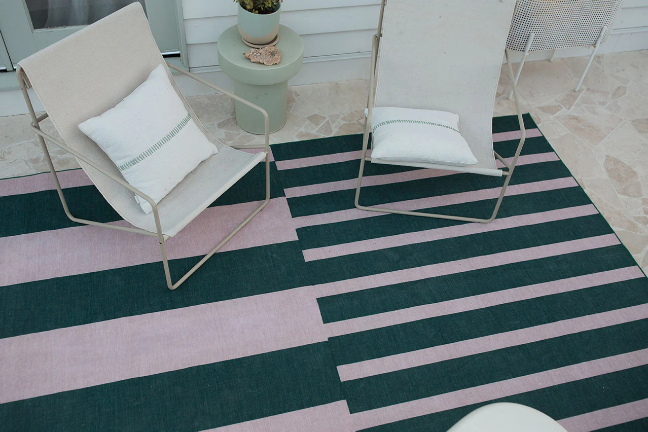 Marilyn Deep Forest Green and Blush Pink Striped Indoor Outdoor Rug - Image 8