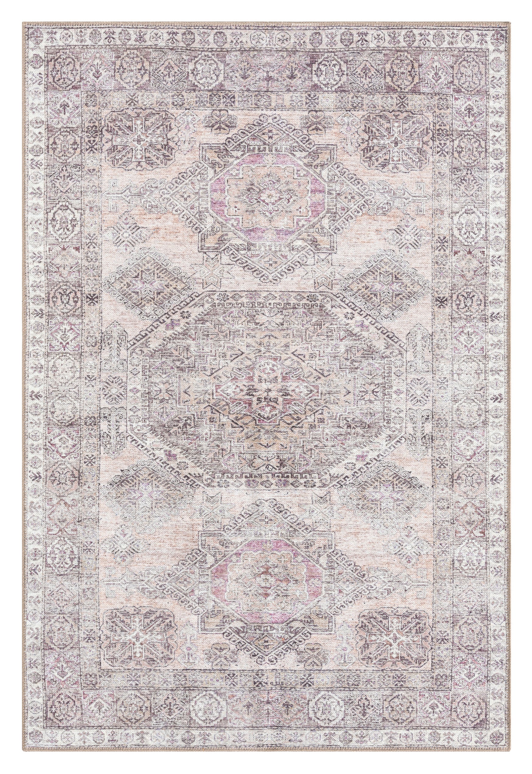 Mindi Grey and Pink Traditional Distressed Washable Rug
