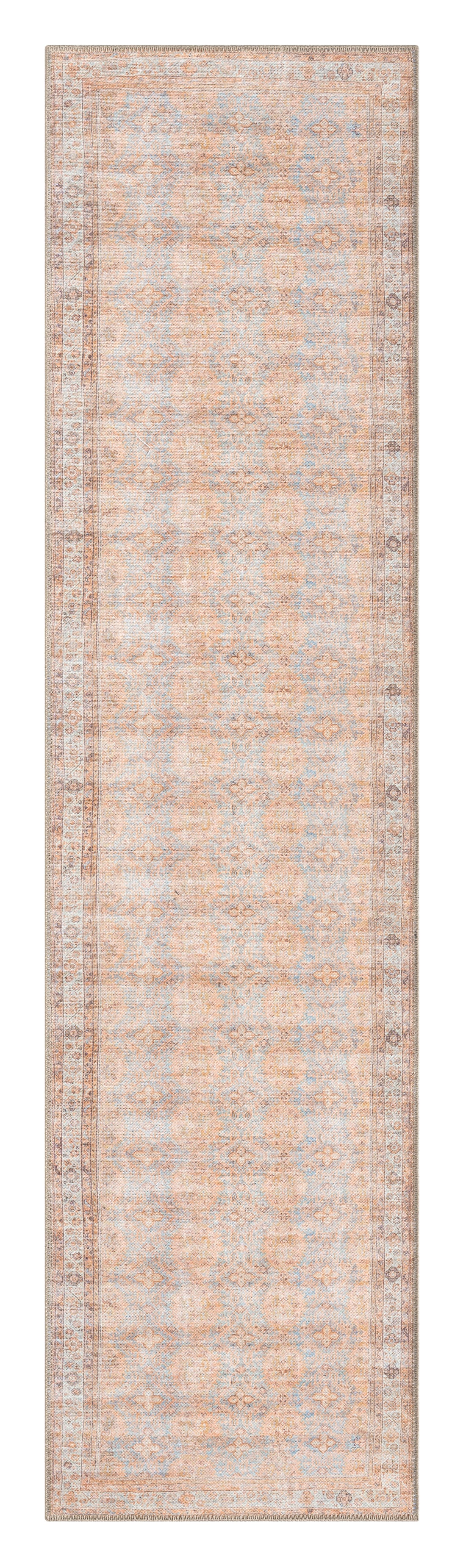 Narem Pink Orange and Blue Traditional Distressed Washable Runner Rug