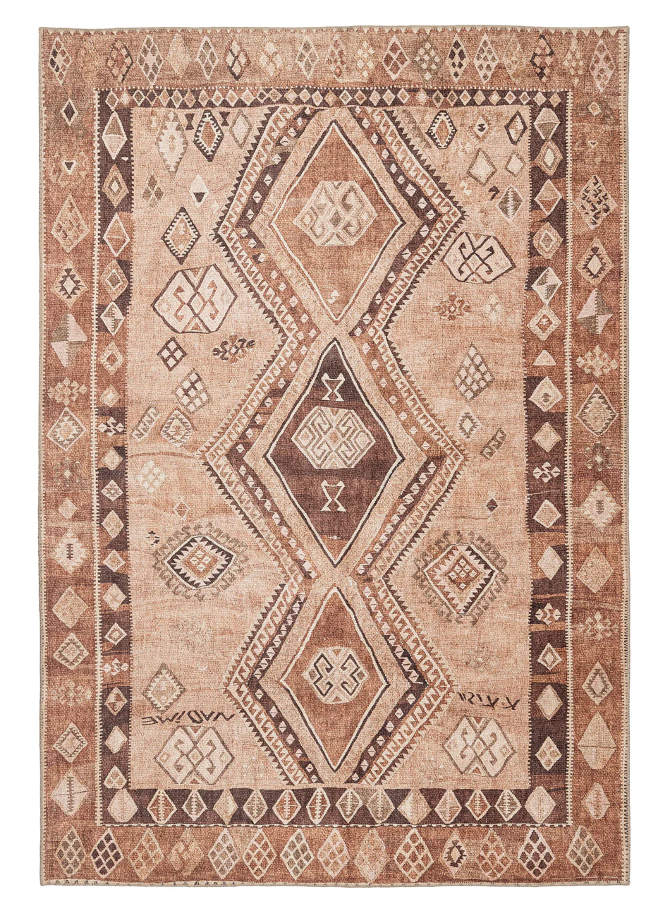 Necha Beige and Brown Tribal Washable Rug