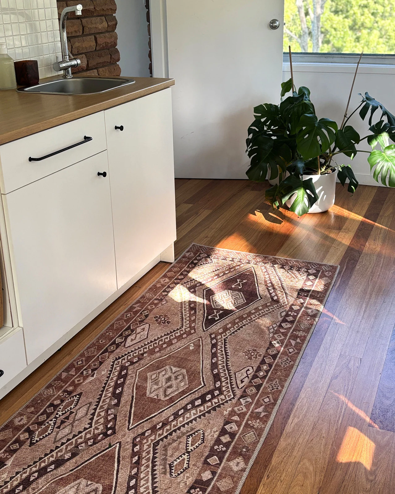 Necha Beige and Brown Tribal Washable Runner Rug - Image 5