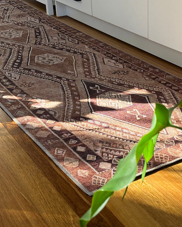 Necha Beige and Brown Tribal Washable Runner Rug - Image 6