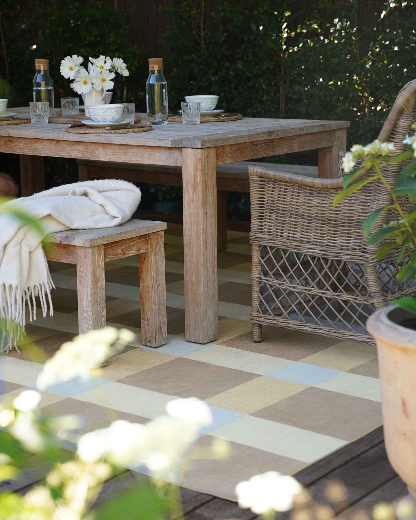 Nice Beige Sand and Sky Blue Checkered Indoor Outdoor Rug - Image 4