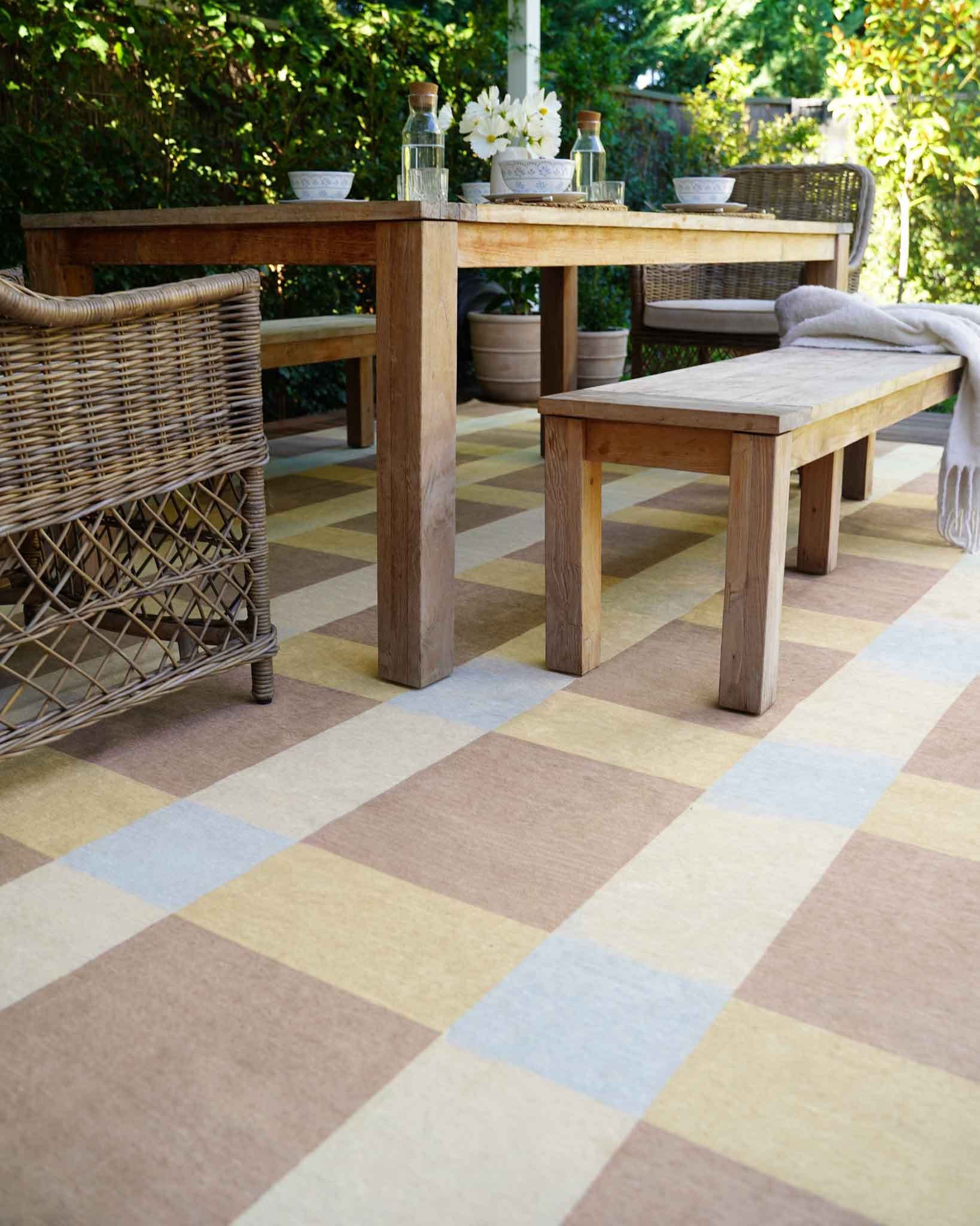 Nice Beige Sand and Sky Blue Checkered Indoor Outdoor Rug - Image 5