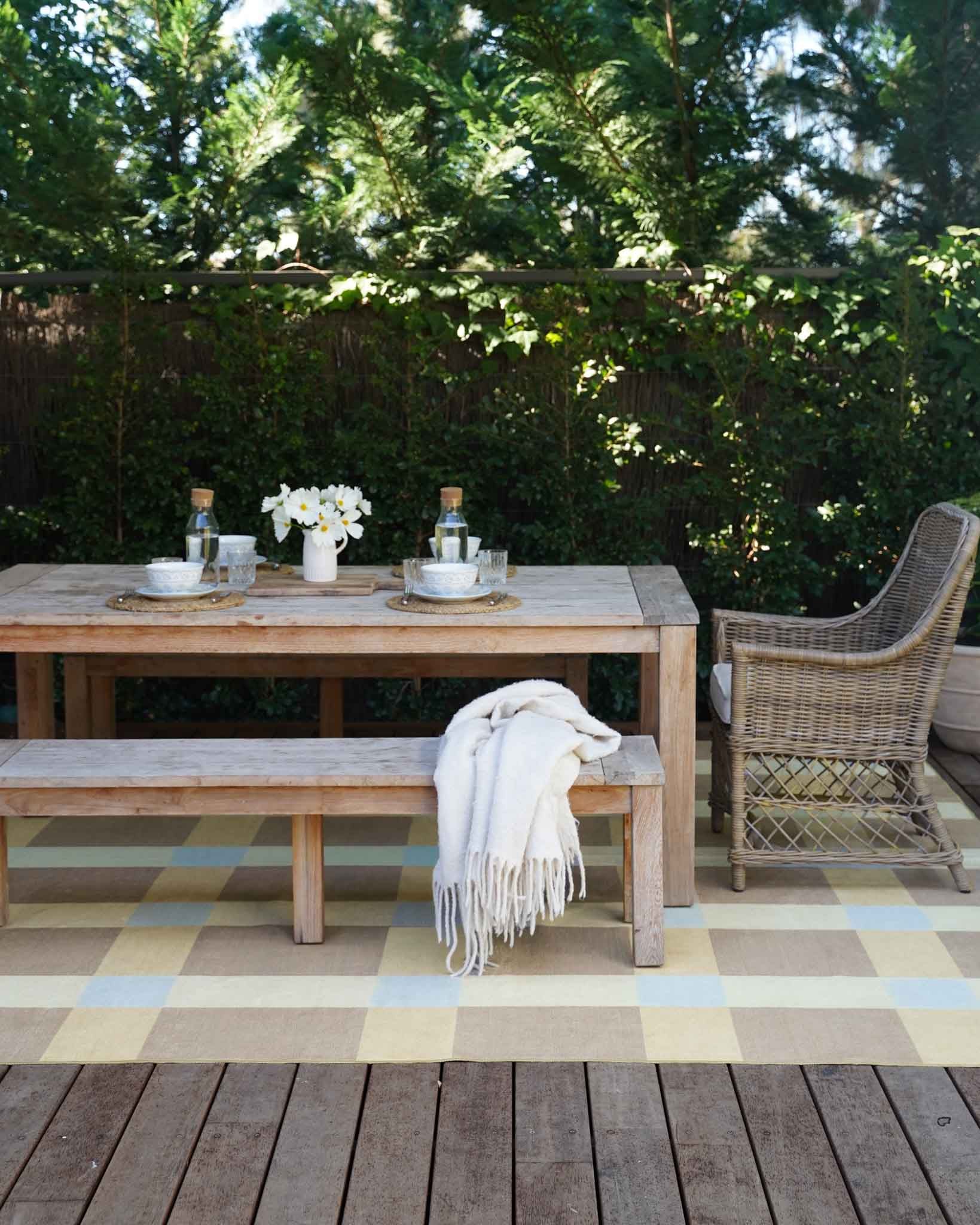 Nice Beige Sand and Sky Blue Checkered Indoor Outdoor Rug - Image 6