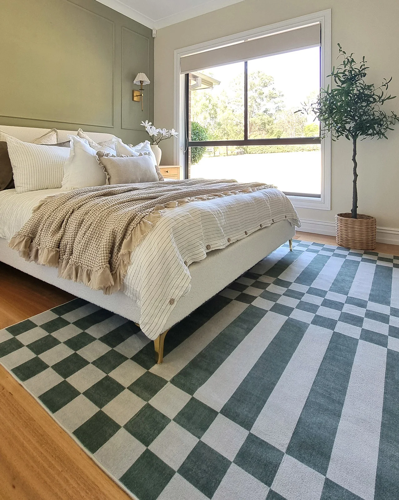 Nicolette Green and White Checkered and Striped Washable Rug - Image 2