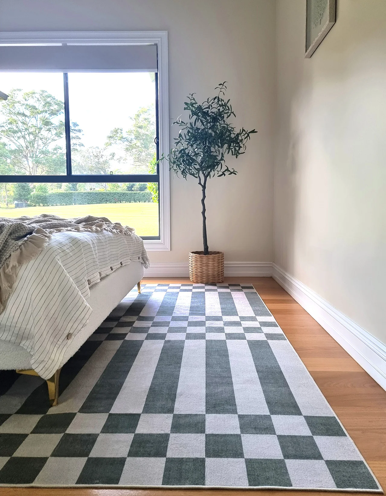 Nicolette Green and White Checkered and Striped Washable Rug - Image 4