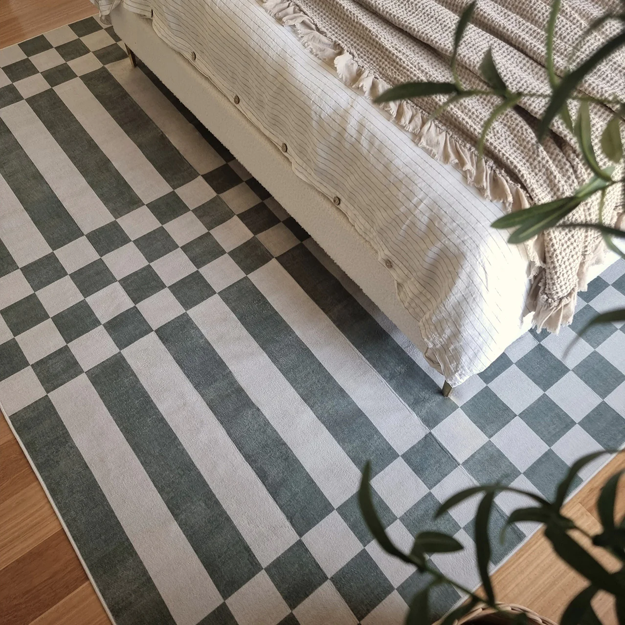 Nicolette Green and White Checkered and Striped Washable Rug - Image 5