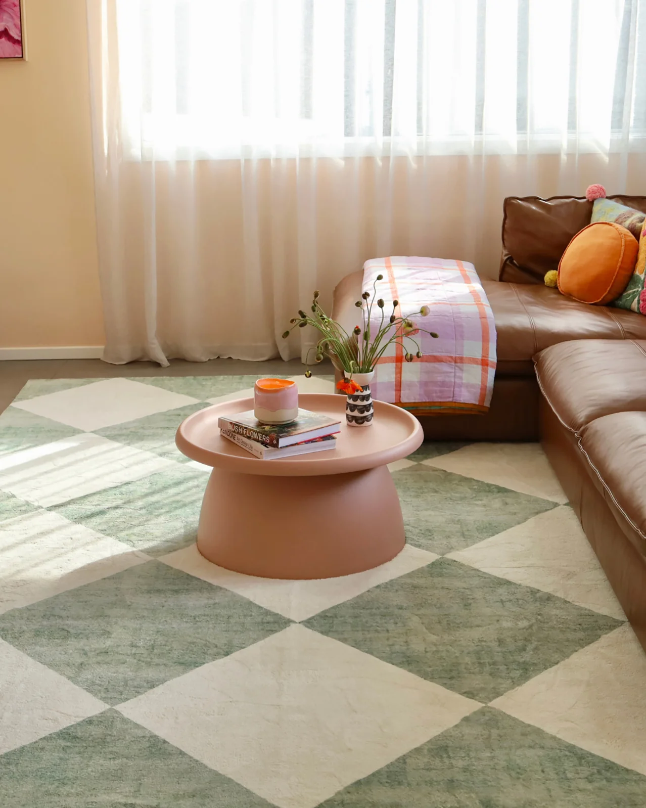 Octavia Green Cream Checkered Washable Rug - Image 6